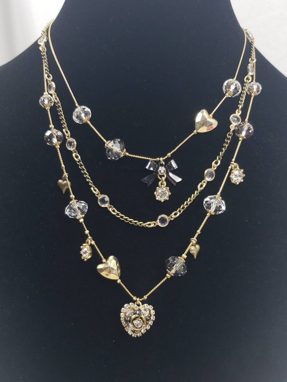 Betsey Johnson Rare Layered 3 Strand Gold Rhinestone Heart Necklace